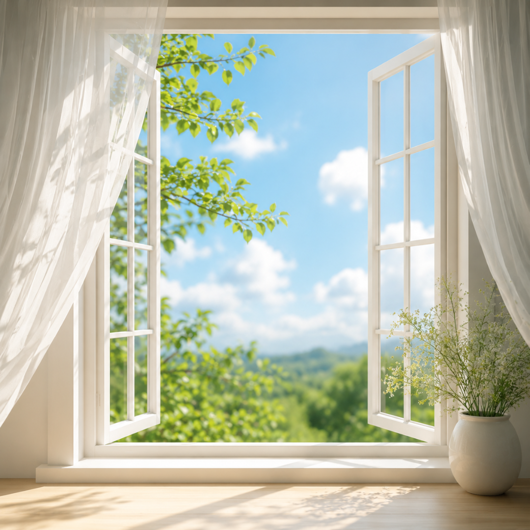 Sunlit window with sheer curtains